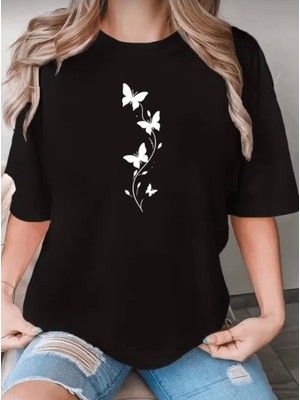 Punix Büyük Beden Özel Seri Kelebeğin Yolu Baskılı %100 Pamuk Oversize Şık Battal Kadın T-Shirt