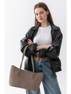 Paul Brand Terra Touch Örgü Desenli Yumuşak Süet Dokulu Makyaj Çantalı Vizon Kadın Shopper Omuz Çantası