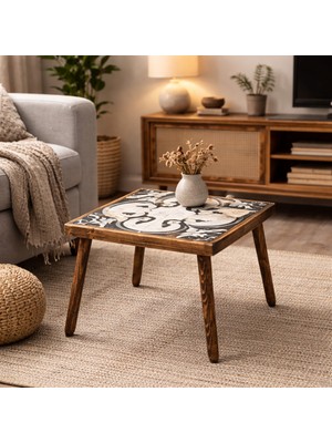 Maison Linden Eskitme Masif Ahşap Orta Sehpa 49X49 cm Seramik Yan Sehpa H45 Koltuk Yanı Dekoratif Masa