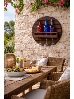 Maison Linden Masif Ahşap Duvar Şaraplık 54 cm 4 Şişelik 3 Kadeh Askılı El Yapımı Dekoratif Şarap Rafı