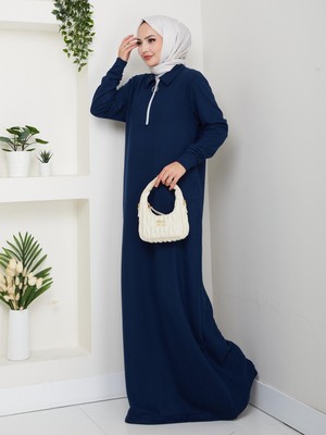 Esra Butik Selanik Kumaş Yarım Fermuarlı Boydan Elbise – 145 cm Uzun Tesettür Elbise Lacivert