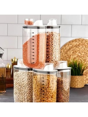 Emdeco 6'lı Vakumlu Hava Geçirmez Ölçekli Beyaz Saklama Kabı Seti - 2000 ml Ölçü Kapaklı Bakliyat Kabı Seti