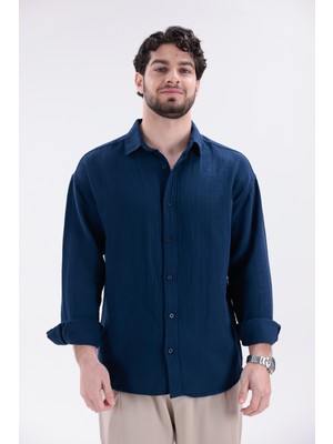 Erkek Müslin Gömlek Lacivert - Oversize Fit Uzun Kollu Bohem Yazlık Gömlek