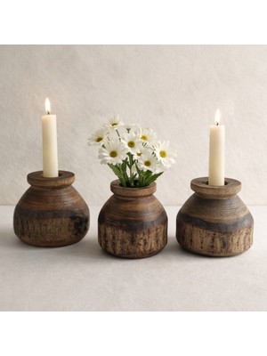 Maison Linden El Yapımı Ahşap Mini Vazo Seti 3'lü Dekoratif Mumluk Rustik Masa Dekoru