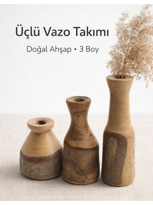 Maison Linden El Yapımı Ceviz Ağacı Dekoratif Vazo Seti – Doğal Kabuklu Rustic Bohem Ahşap Vazo (3’lü Set)
