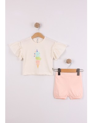 Joy Kids Kız Bebek Dondurma Baskılı Oversize Takım %100 Pamuk (6-24AY) (Ekru-Pembe)