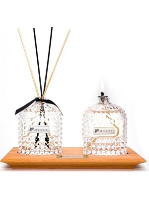 Emdeco Missi Masif Ahşap Tepsili Oval Kristal Şişe Vanilya Oda Kokusu ve Vanilya Kokulu Kandil Seti