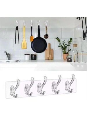 MiraLive Kendinden Yapışkanlı Çok Amaçlı Banyo Mutfak Atölye Kancalı Pratik Şeffaf 5'li Askı Seti Süper Güçlü Yapışkanlı Suya Dayanıklı Kendinden Yapışkanlı Askı, Vidasız Dübelsiz Askı Seti