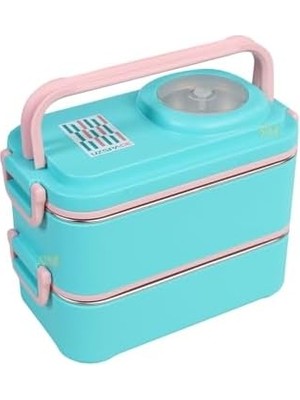 MiraLive 1200ML Lunchbox 2 Katlı 4 Bölmeli Mini Kaseli Çelik Sefer Tası Yemek Kutusu (Turkuaz-Pembe)