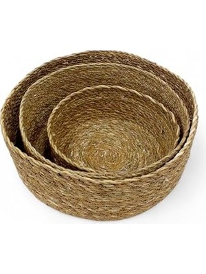 Emdeco 3'lü Rustik El Yapımı Doğal Yuvarlak Hasır Düzenleyici Seti | 3'lü Hasır Yuvarlak Organizer Seti – Dekoratif, Çok Amaçlı ve Dayanıklı Sepetler (30X12CM – 25X10CM – 20X8CM)