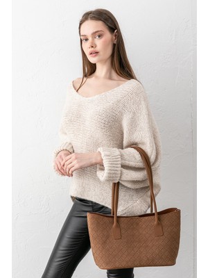 Paul Brand Terra Touch Örgü Desenli Yumuşak Süet Dokulu Makyaj Çantalı Taba Kadın Shopper Omuz Çantası