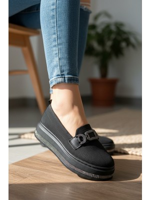 Enoch Kadın Ortopedik Tabanlı Kristal Taşlı Kalın Taban Metal Detaylı Loafer Ayakkabı