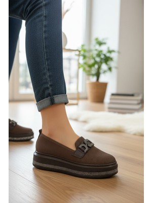 Enoch Kadın Ortopedik Tabanlı Kristal Taşlı Kalın Taban Metal Detaylı Loafer Ayakkabı