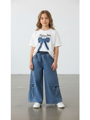 Miviko Kız Çocuk Takımı Kotlu Yazlık Kısa Kollu Kot Nakışlı Takım Süper Kalite Full Likralı Pamuk Kumaş