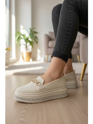 Enoch Kadın Ortopedik Tabanlı Kristal Taşlı Kalın Taban Zincir Detaylı Loafer Babet Ayakkabı