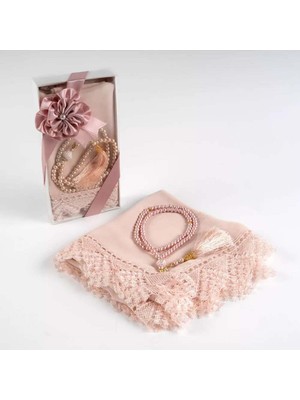 Nurfemina Mavi Dantel Kenarlı Şal ve Incili Tesbih Hediye Seti - Şık Kutulu, Kadın Tesettür Hediyesi