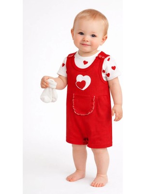 Dinamik çocuk Kız Bebek 3'lü Set Kalpli Nakışlı Ribanalı Salopet Tulum + Kısa Kollu Çıtçıtlı Badi + Beyaz Çorap 3-6-9 Aylık