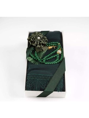 Nurfemina Mavi Dantel Kenarlı Şal ve Incili Tesbih Hediye Seti - Şık Kutulu, Kadın Tesettür Hediyesi