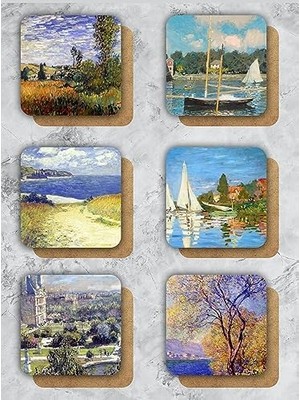 MiraLive Claude Temalı Ahşap Bardak Altlığı Ahşap Baskılı Altlık 6'lı Set (9 X9CM) KARBONNM20