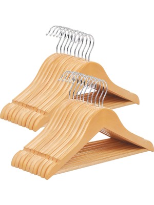 Asseds Store Çocuk Ahşap Askıları, 20'li Paket, Çentikli Askı, 360 Derece Döner Kanca, Doğal, 35 cm CRW006-20