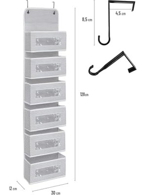 MiraLive 6 Katlı Kapı Arkası Düzenleyici Raf Bebek Eşyası Çocuk Odası Banyo Organizer (Gri - Beyaz Çizgili)