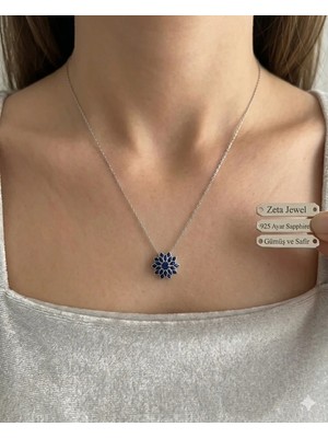 Zeta Jewel 925 Ayar Gümüş Safir Taşlı Lotus Kolye – Hediye Kutulu, Zarif ve Işıltılı Kadın Kolye