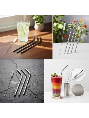 Asseds Store 5 Parça Paslanmaz Çelik Pipet Seti - Tekrar Kullanılabilir Metal Meşrubat Pipeti ve Temizleme Fırçası | Çevre Dostu, Düz ve Eğik Pipetler
