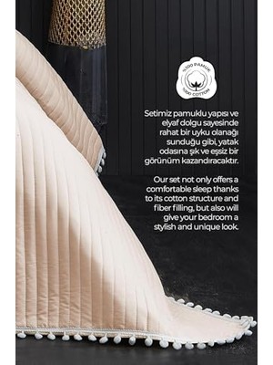 MiraLive Kapitone Ponpon 3 Parça Yatak Örtüsü Ç.k Cappuccino