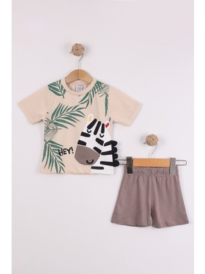 Joy Kids Erkek Bebek Inek Baskılı Penye Takım %100 Pamuk (9-24AY) (Bej-Kahve)