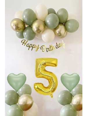 Asseds Store Patladı Gitti Adaçayı Konsept Doğum Günü Seti; Küf Yeşili-Krom - Deniz Kumu ve Adaçayı Kalp Folyo Balon (5)