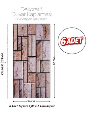Brano 30X60 cm Kendinden Yapışkanlı Duvar,banyo,tezgah Arası Kaplama Kahverengi Tuğla Desen 6 Adet