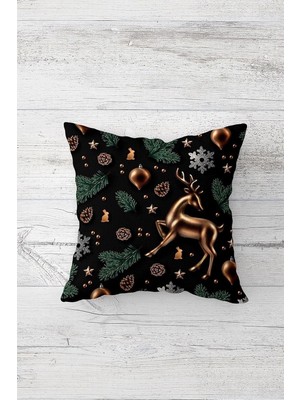 Asseds Store Pelangi Yeni Yıl Geyikli Çift Tarafı Baskılı Gizli Fermuarlı Yastık Kılıfı Kırlent Koltuk Yastık Kılıfı, Siyah-Bronz 45 x 45