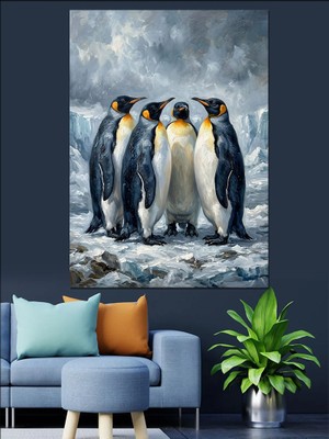 Tablomega Buzlar Üzerinde Üç Imparator Penguen Dekoratif Kanvas - Mdf Ahşap Tablo