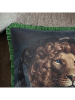 Asseds Store Aslan Desenli Lüks Dekoratif Hayvan Figürlü Yeşil Saçaklı Kadife Kırlent Kılıfı Sanatsal Tasarım
