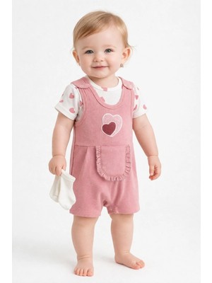 Dinamik çocuk Kız Bebek 3'lü Set Kalpli Nakışlı Ribanalı Salopet Tulum + Kısa Kollu Çıtçıtlı Badi + Beyaz Çorap 3-6-9 Aylık