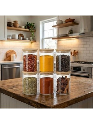 Asseds Store Ahşap Kapaklı 6x8 cm Cam Kavanoz Seti | Hava Geçirmez Bambu Kapaklı Baharatlık | Mutfak Düzenleyici Erzak Saklama Kabı | Silindir Şeffaf Saklama Kutusu