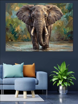 Tablomega Nehir Kenarında Yürüyen Dev Fil Dekoratif Kanvas - Mdf Ahşap Tablo