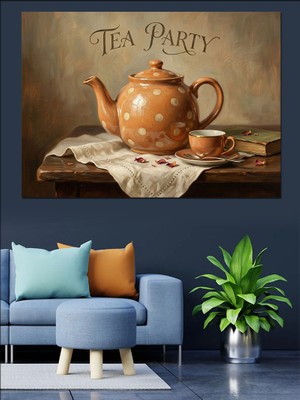 Tablomega Çay Partisi Porselen Demlik Tablosu Dekoratif Kanvas - Mdf Ahşap Tablo