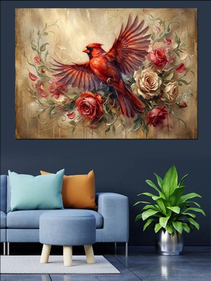 Tablomega Kırmızı Kuş ve Güller Tablosu Dekoratif Kanvas - Mdf Ahşap Tablo