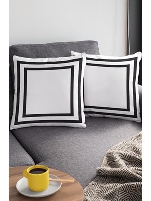 Ecovibe 43X43CM Tay Tüyü Dokuma Premium Kumaş Çift Taraflı Kırlent Yastık Kılıfı Modern Çerçeveli KRL321