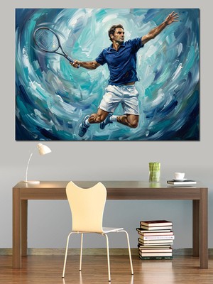 Tablomega Havada Raketle Smaç Yapan Tenisçi Dekoratif Kanvas - Mdf Ahşap Tablo