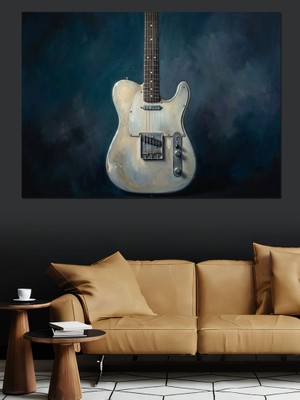 Tablomega Mavi Fondaki Klasik Beyaz Gitar Dekoratif Kanvas - Mdf Ahşap Tablo