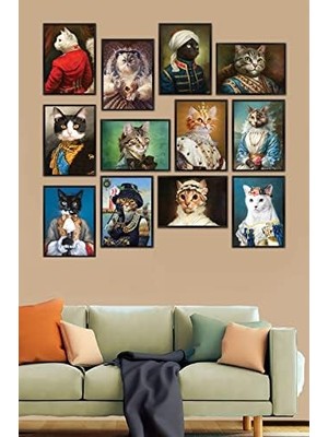 Ecovibe Milyardabir Kedi Tablo Seti 12 Parça Çerçenane Görüntülü Kedili Mdf Tablo Seti , Milyardabir, Lacivert, Tek Ebat