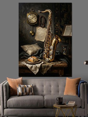 Artmeg Duvar Saatli ve Saksafonlu Natürmort Dekoratif Kanvas - Mdf Ahşap Tablo