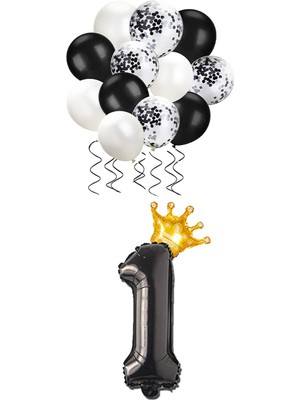Asseds Store 1 Rakam Siyah Folyo Balon, Kral Tacı ve Konfetili Siyah Balon Set