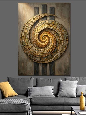 Artmeg Taş Oyma Görünümlü Altın Spiral Dekoratif Kanvas - Mdf Ahşap Tablo