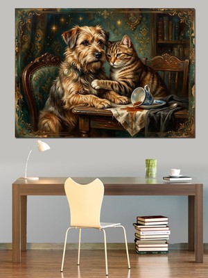 Tablomega Masada Duran Köpek ve Kedi Dekoratif Kanvas - Mdf Ahşap Tablo