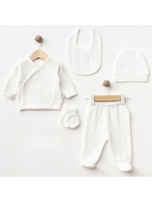 Sebi Prime %100 Pamuk Müslin Yenidoğan Bebek Seti 5 Parça – Antialerjik, Nefes Alan, Hastane Çıkışı, Unisex (0-3 Ay)