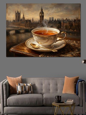 Tablomega Parlamento Binası ve Çay Keyfi Dekoratif Kanvas - Mdf Ahşap Tablo