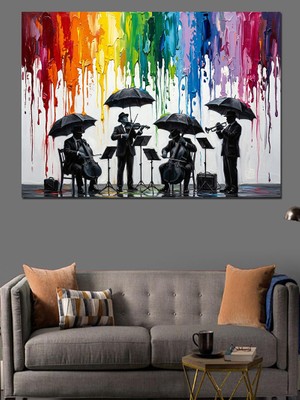 Tablomega Yağmurda Şemsiyeli Müzisyenler Grubu Dekoratif Kanvas - Mdf Ahşap Tablo